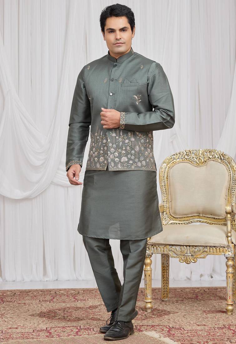 Green  art silk 3 peice  kurta jacket set for men