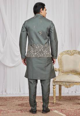 Green  art silk 3 peice  kurta jacket set for men 5