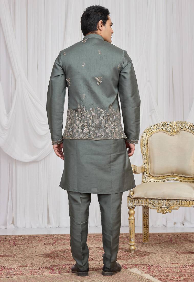 Green  art silk 3 peice  kurta jacket set for men