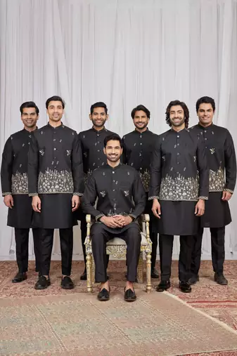 Black  art silk 3 peice  kurta jacket set for men