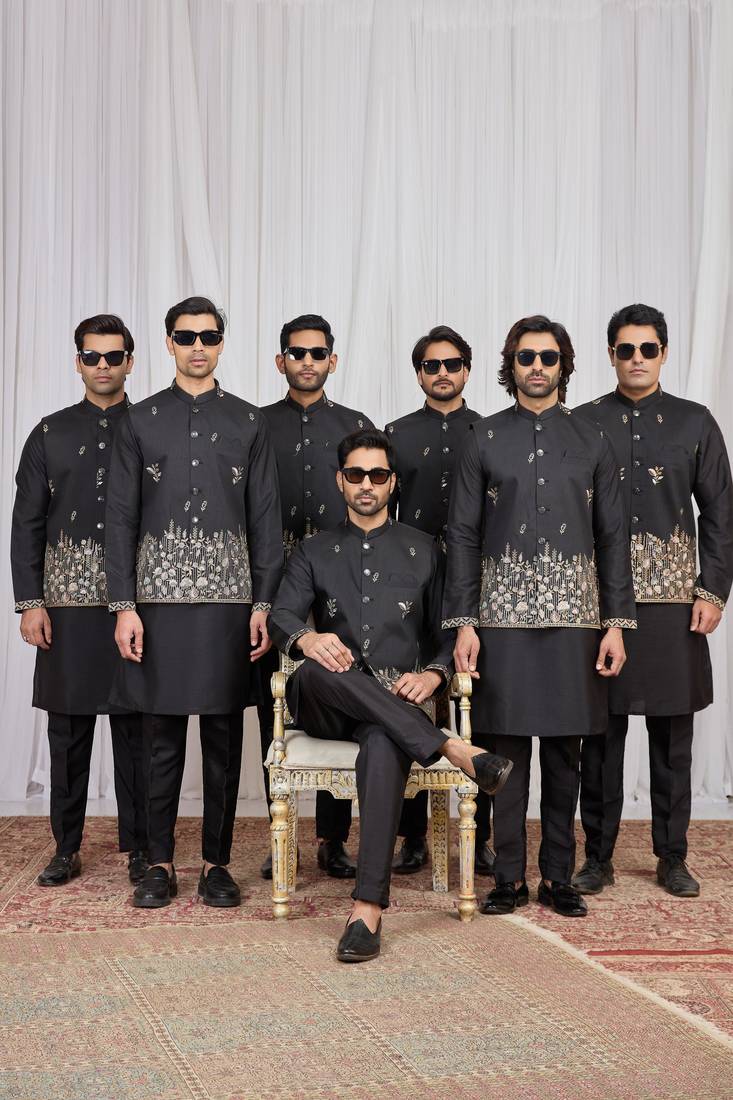 Black  art silk 3 peice  kurta jacket set for men