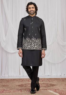 Black  art silk 3 peice  kurta jacket set for men 3