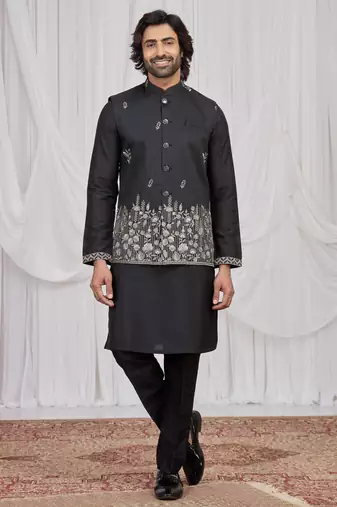 Black  art silk 3 peice  kurta jacket set for men