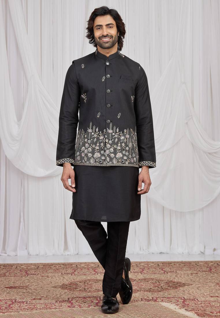 Black  art silk 3 peice  kurta jacket set for men