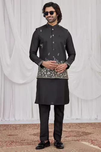 Black  art silk 3 peice  kurta jacket set for men