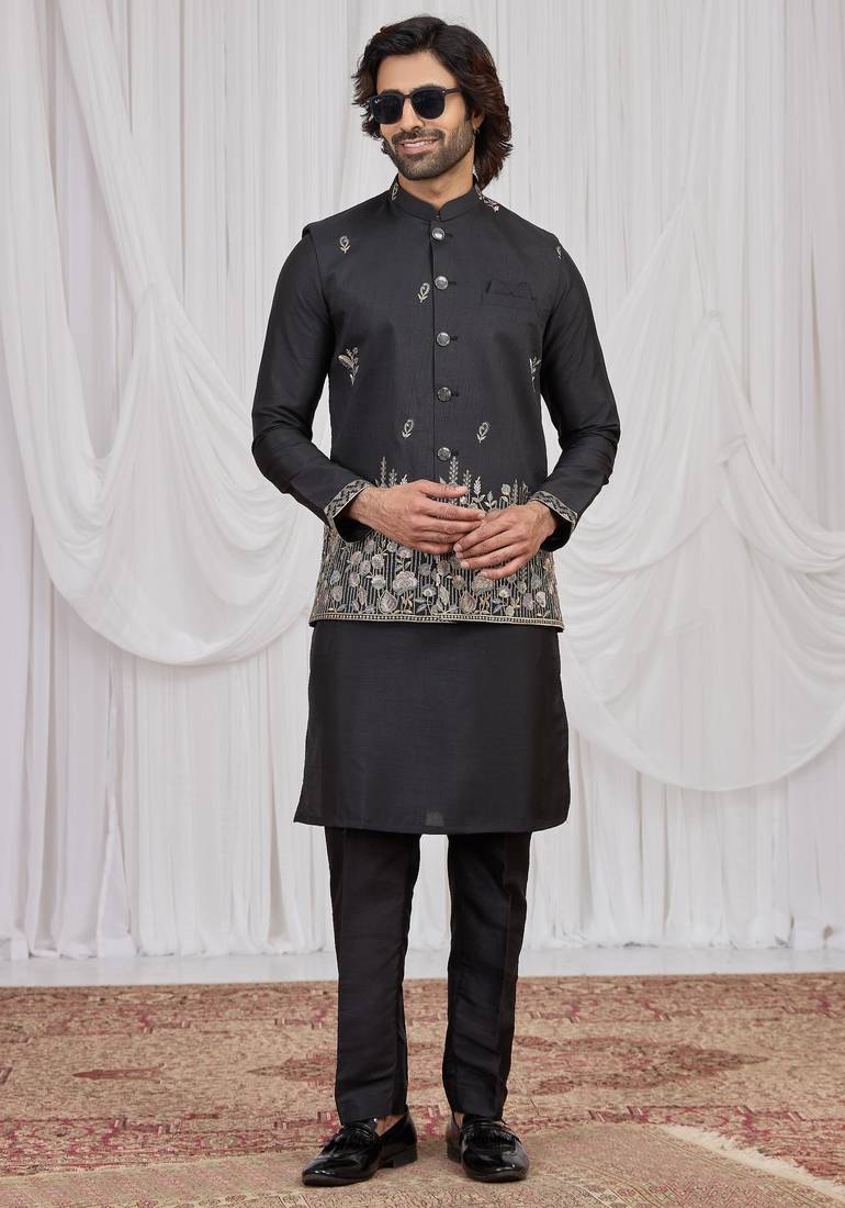 Black  art silk 3 peice  kurta jacket set for men
