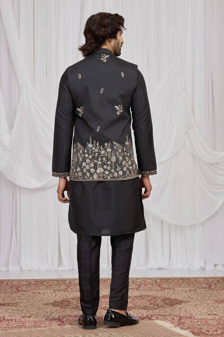 Black  art silk 3 peice  kurta jacket set for men