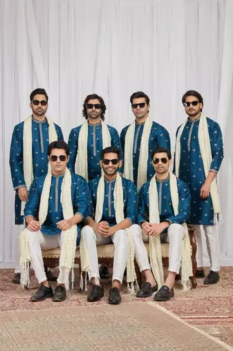 Blue art silk kurta for men