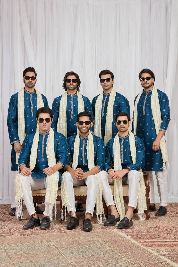 Blue art silk kurta for men