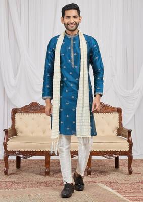 Blue art silk kurta for men 3