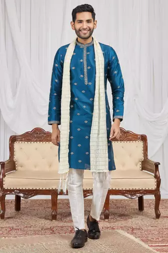 Blue art silk kurta for men