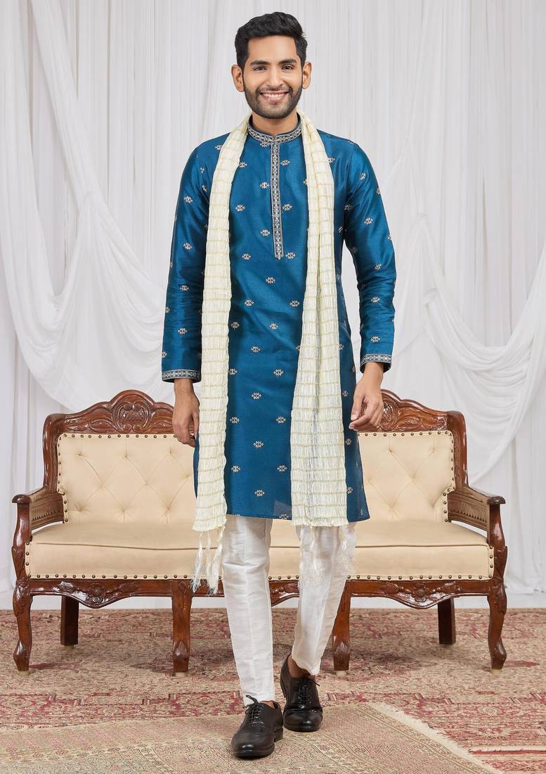 Blue art silk kurta for men