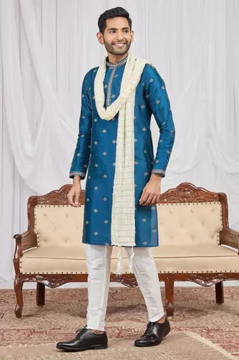 Blue art silk kurta for men