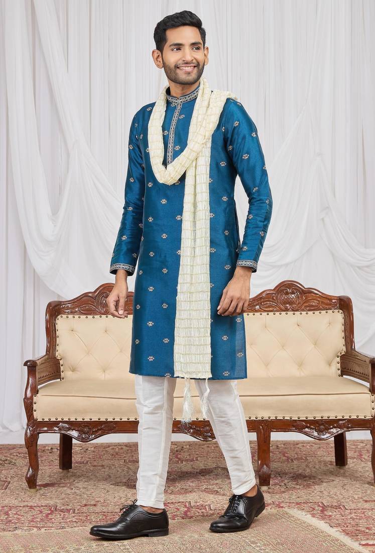 Blue art silk kurta for men