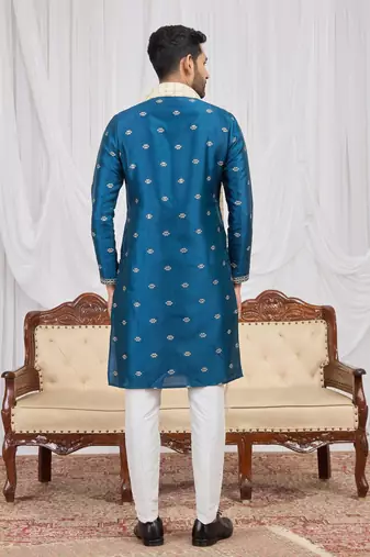 Blue art silk kurta for men
