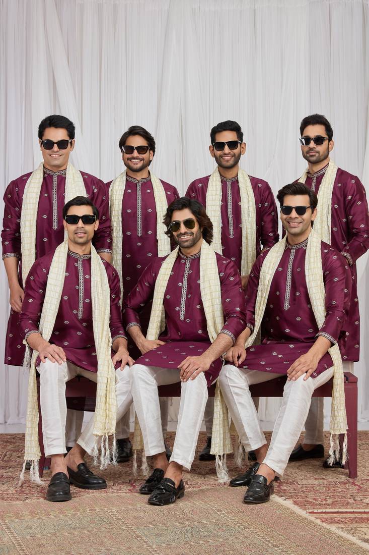 Wine art silk kurta for men