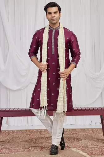 Wine art silk kurta for men