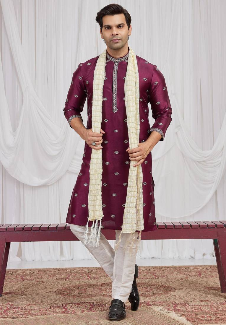 Wine art silk kurta for men