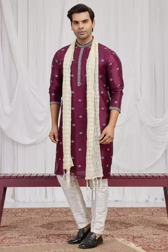 Wine art silk kurta for men