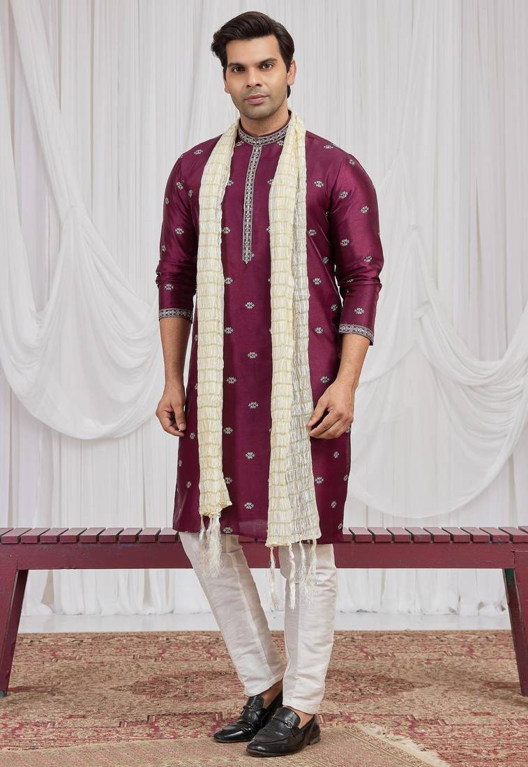 Wine art silk kurta for men