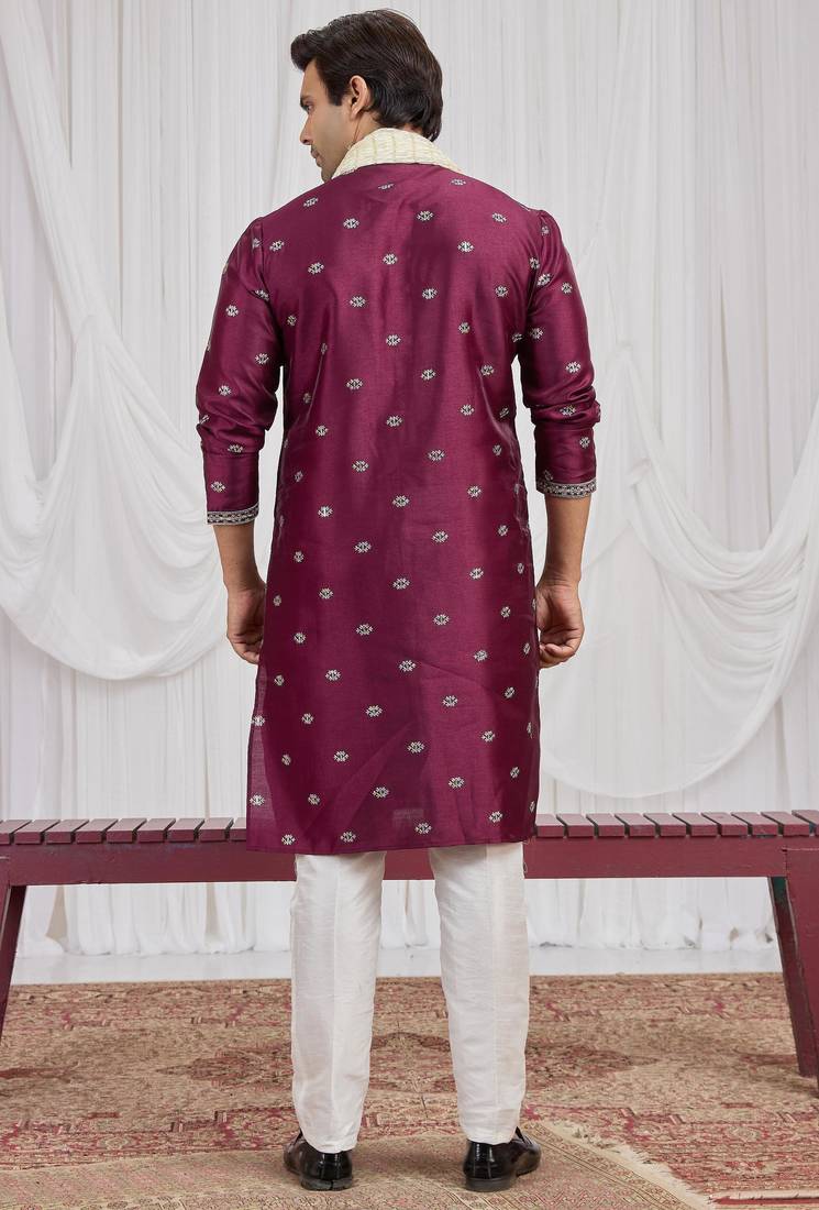 Wine art silk kurta for men