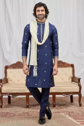 Blue art silk kurta for men