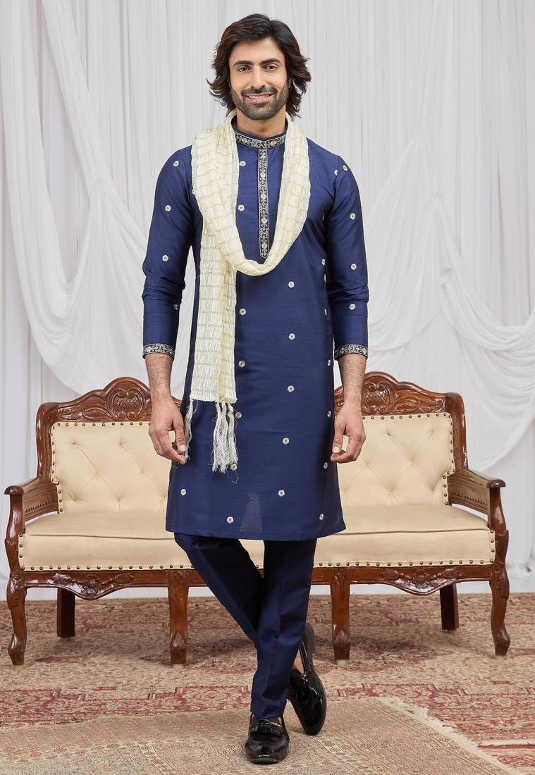 Blue art silk kurta for men
