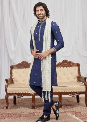 Blue art silk kurta for men 4