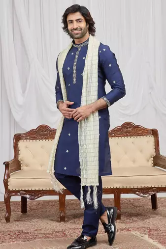 Blue art silk kurta for men