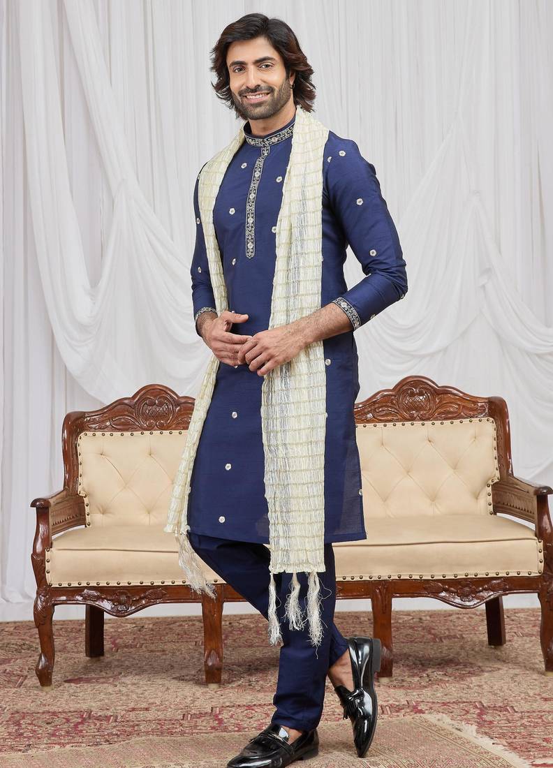 Blue art silk kurta for men