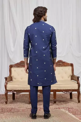 Blue art silk kurta for men