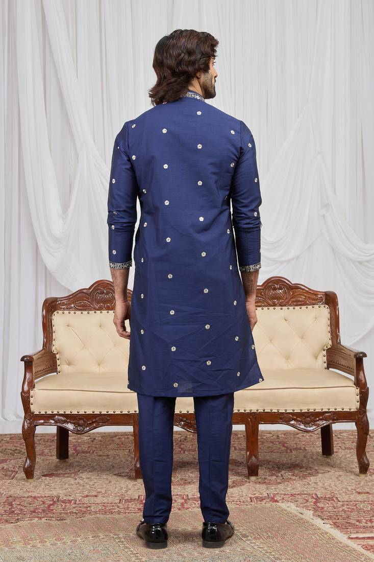 Blue art silk kurta for men
