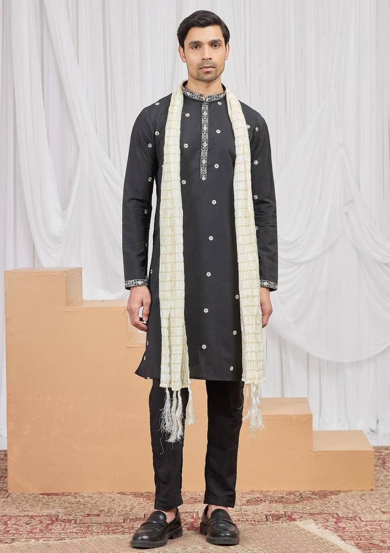 Black art silk kurta for men