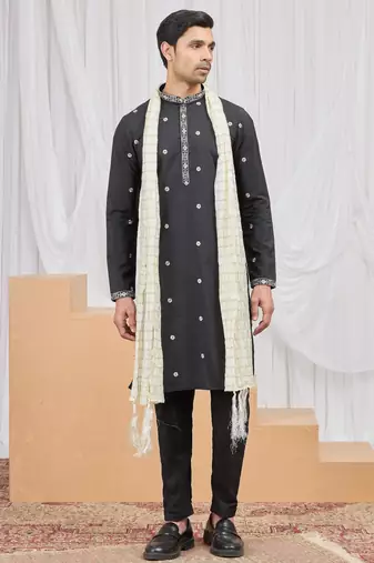 Black art silk kurta for men
