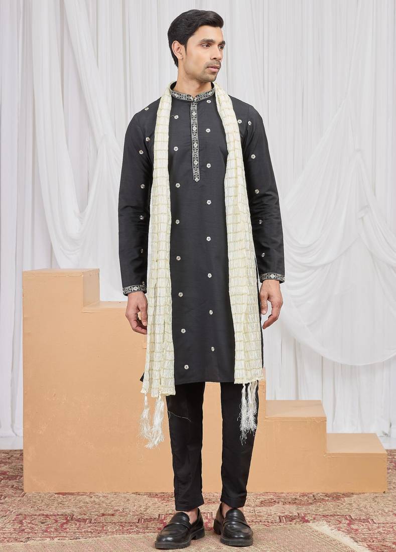 Black art silk kurta for men