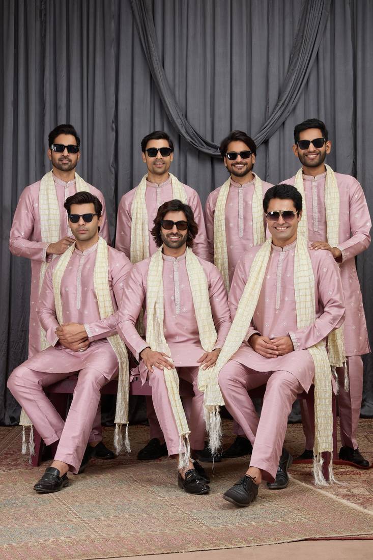 Pink art silk kurta for men