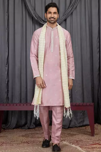 Pink art silk kurta for men