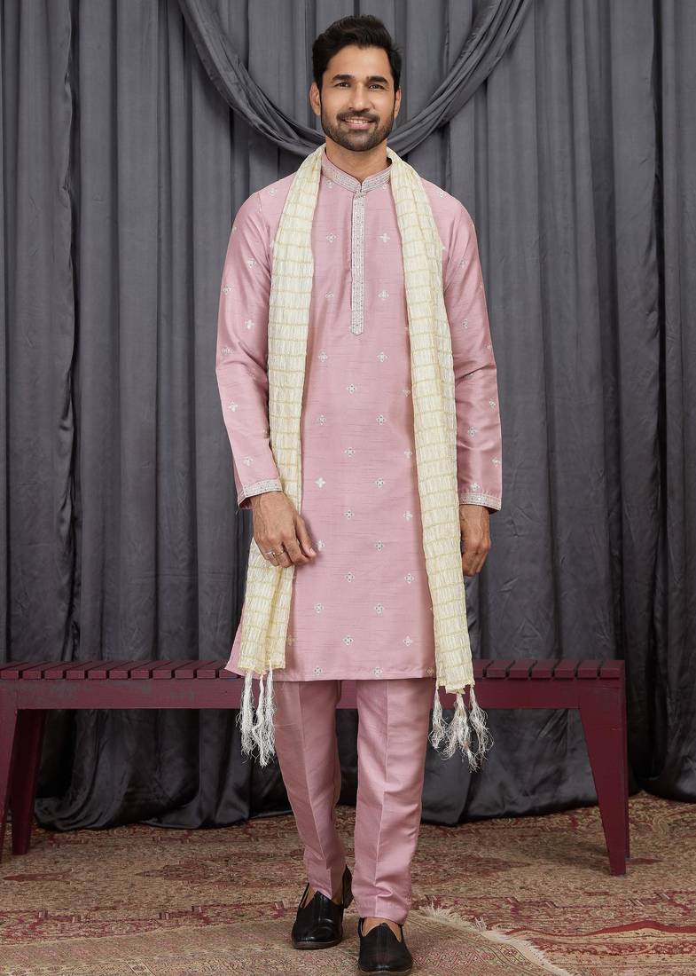 Pink art silk kurta for men