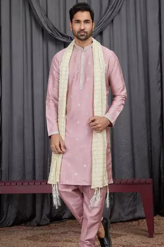 Pink art silk kurta for men