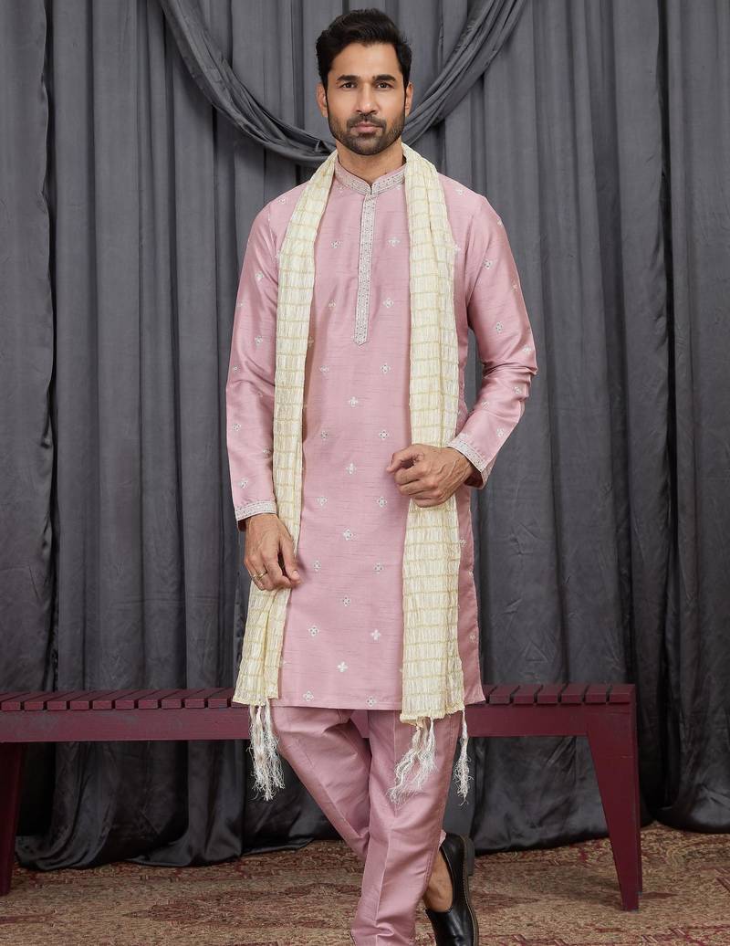 Pink art silk kurta for men