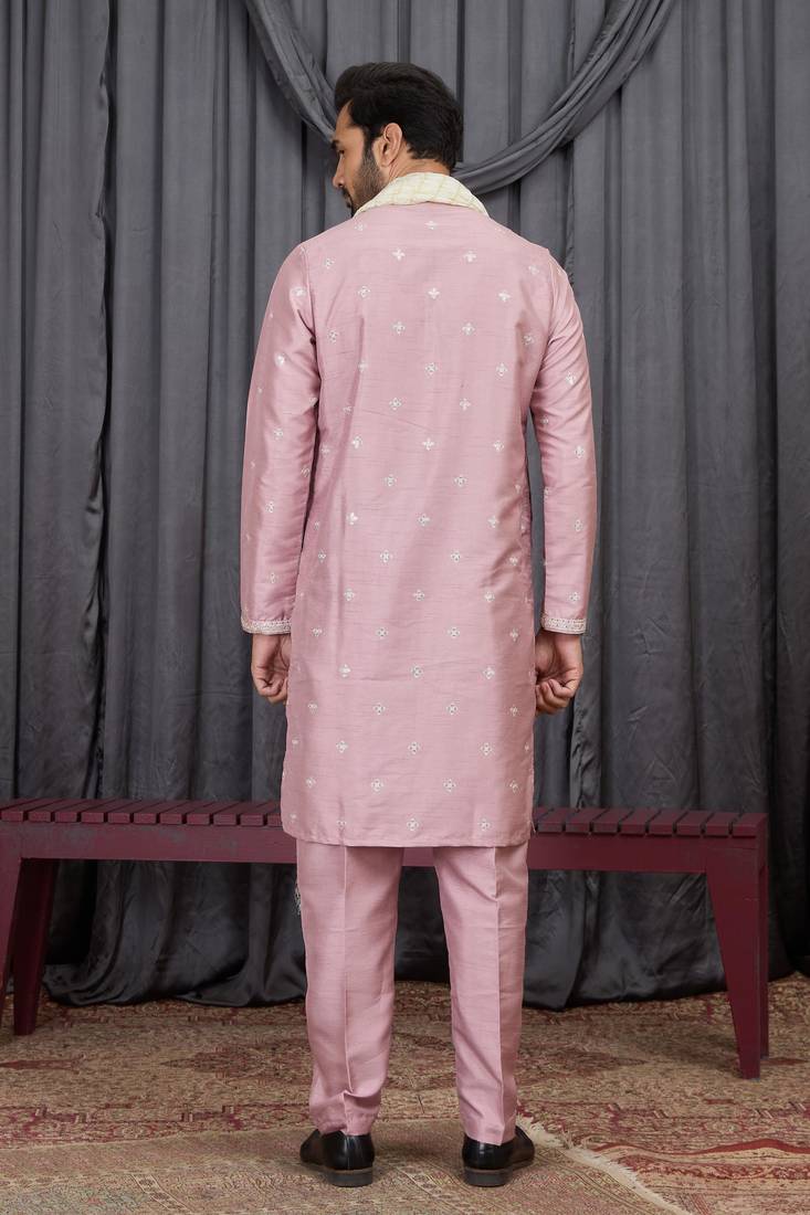 Pink art silk kurta for men