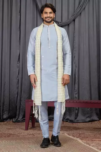 Blue art silk kurta for men