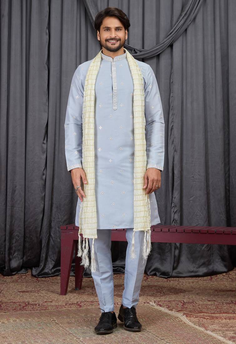 Blue art silk kurta for men
