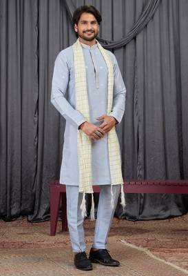 Blue art silk kurta for men 4