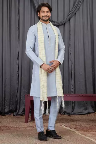 Blue art silk kurta for men
