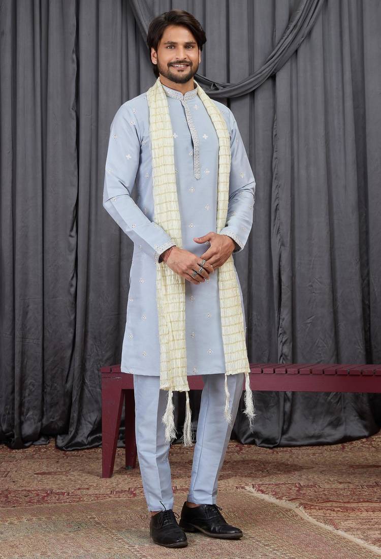 Blue art silk kurta for men