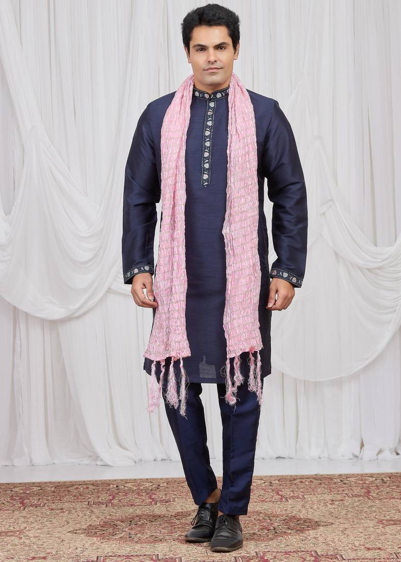 Blue art silk kurta for men