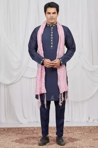 Blue art silk kurta for men