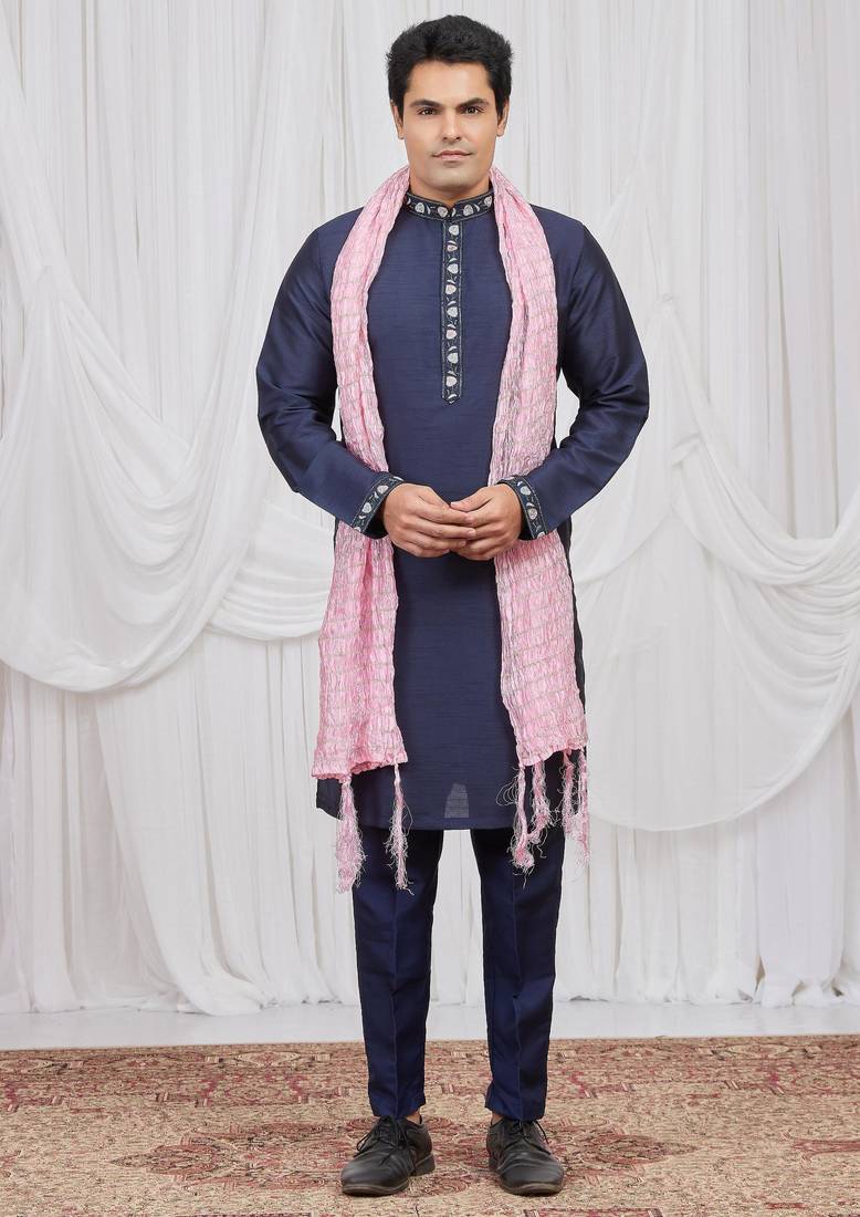 Blue art silk kurta for men