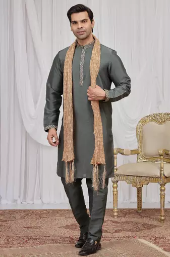 Green art silk kurta for men